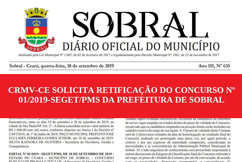 CONCURSO Nº 012019 SEGETPMS DA PREFEITURA DE SOBRAL